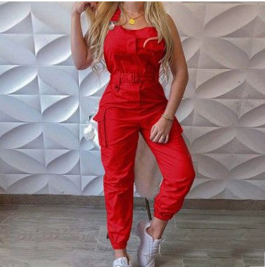 Women's Belt Sleeveless Overalls Cargo Jumpsuit 6