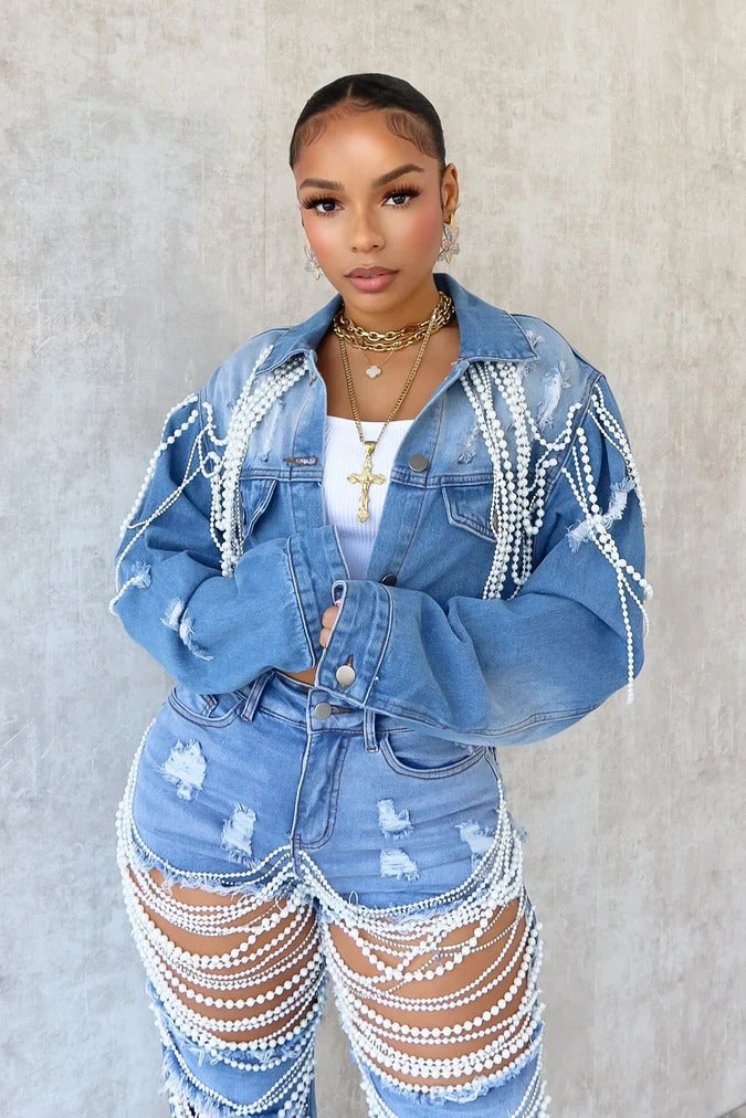 Women Summer Ripped Heavy Beaded Stretchy Denim Pants and Jacket Two-Piece Set 4