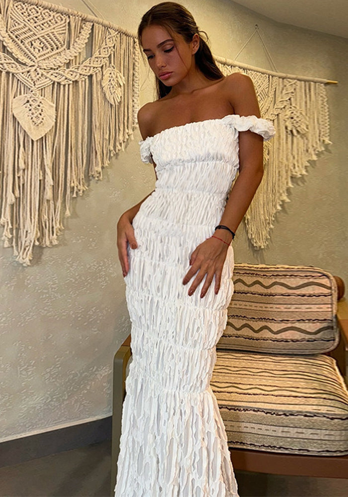 Spring Texture off shoulder slim Long Dress