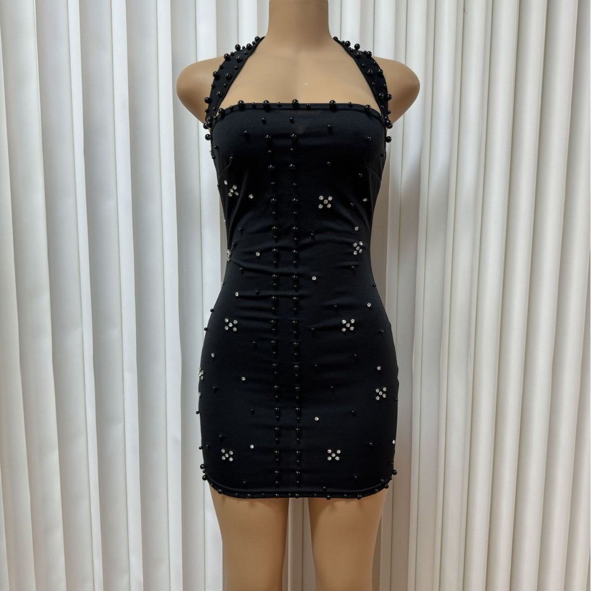 Chic Halter Neck Beaded High Slit Bodycon Dress 3