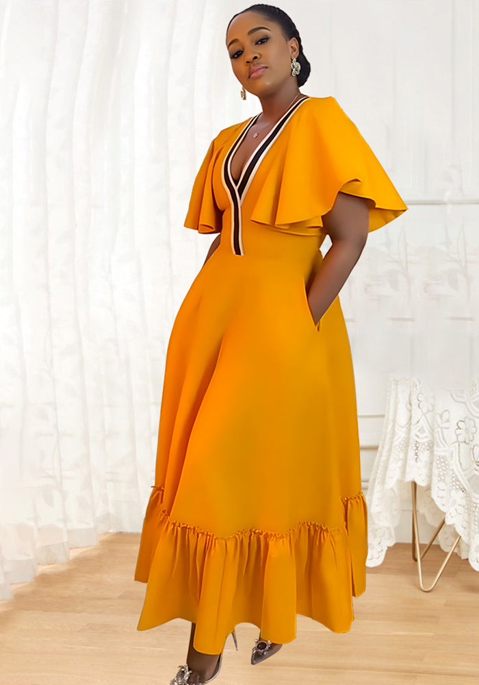 Plus Size Women V-Neck Ruffle Sleeve Pleated Casual Dress 5