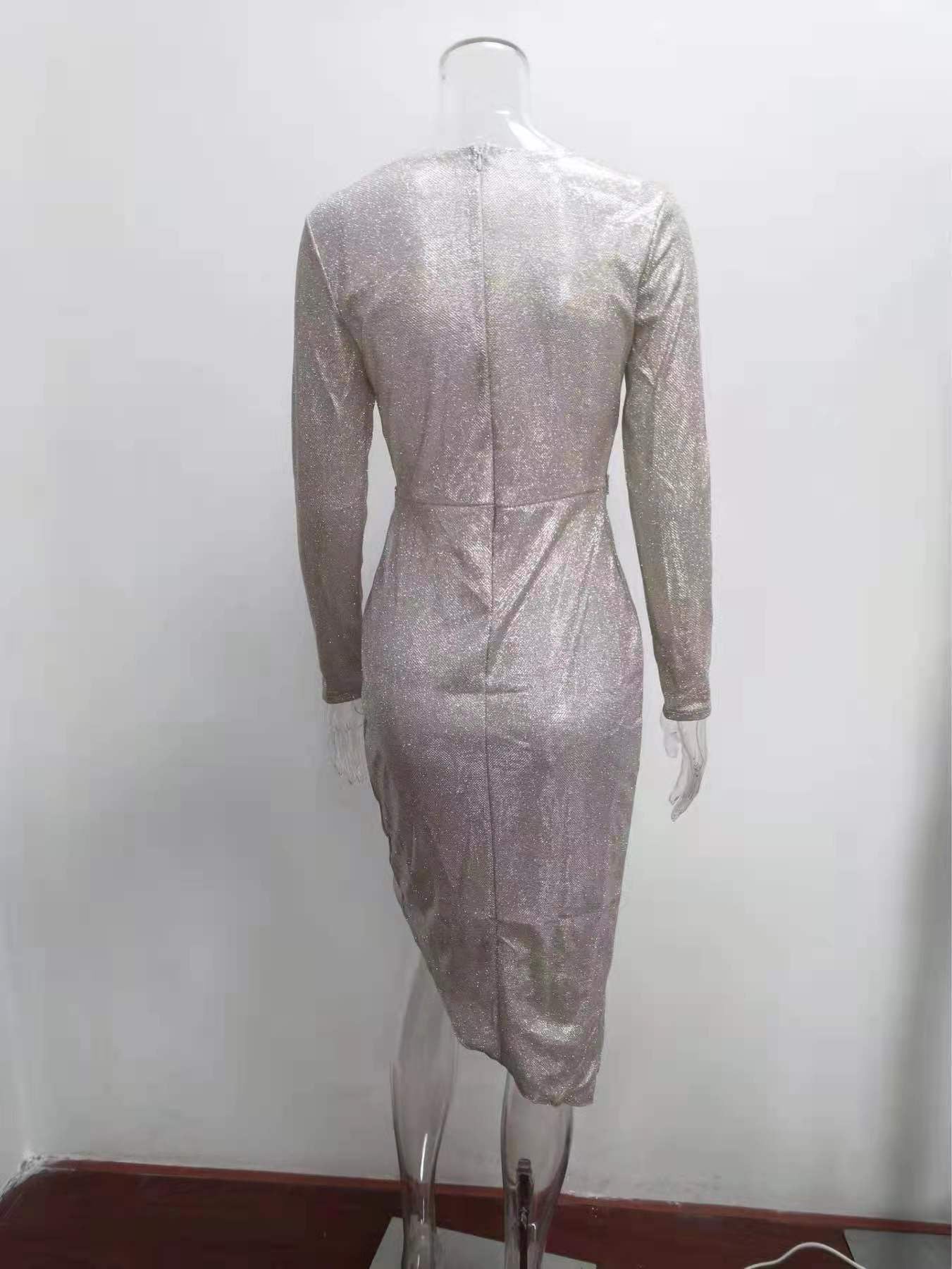 Women Shiny long-sleeved V-neck sparkling evening sexy dress 34