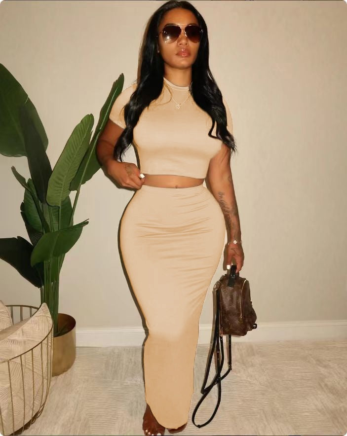 Spring Summer Women's Short Sleeve Crop T-Shirt High Waist Slim Long Skirt Casual Two-Piece Set 3