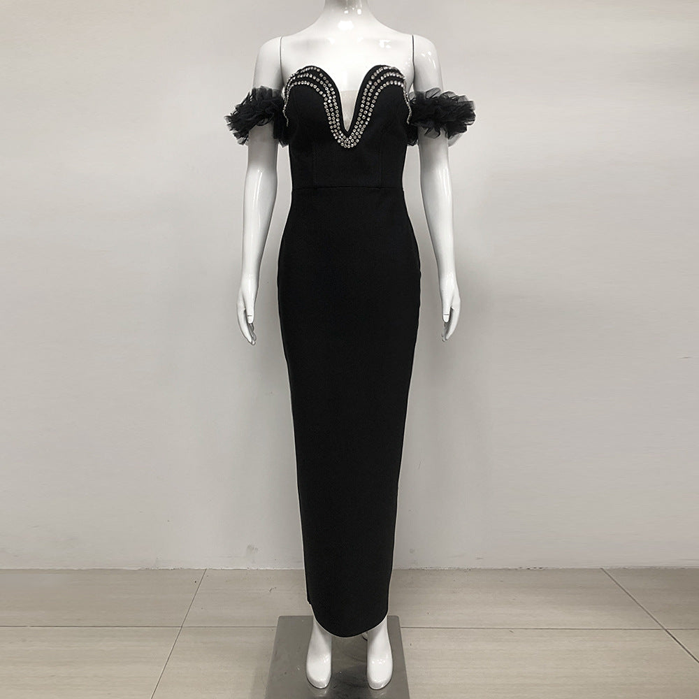 Women jacquard backless wrapped chest v-neck Beaded Maxi dress 5