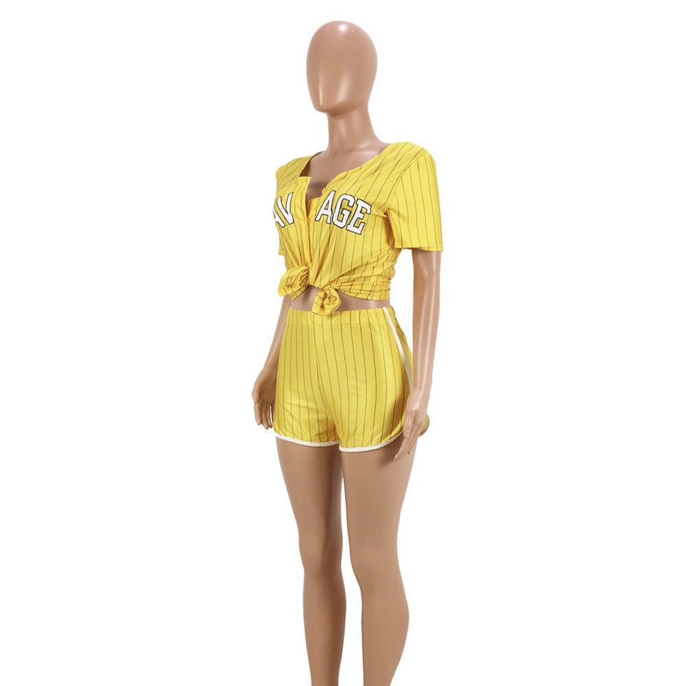 Women Sexy Women Striped Letter Baseball Top and Skirt Two-piece Set 33