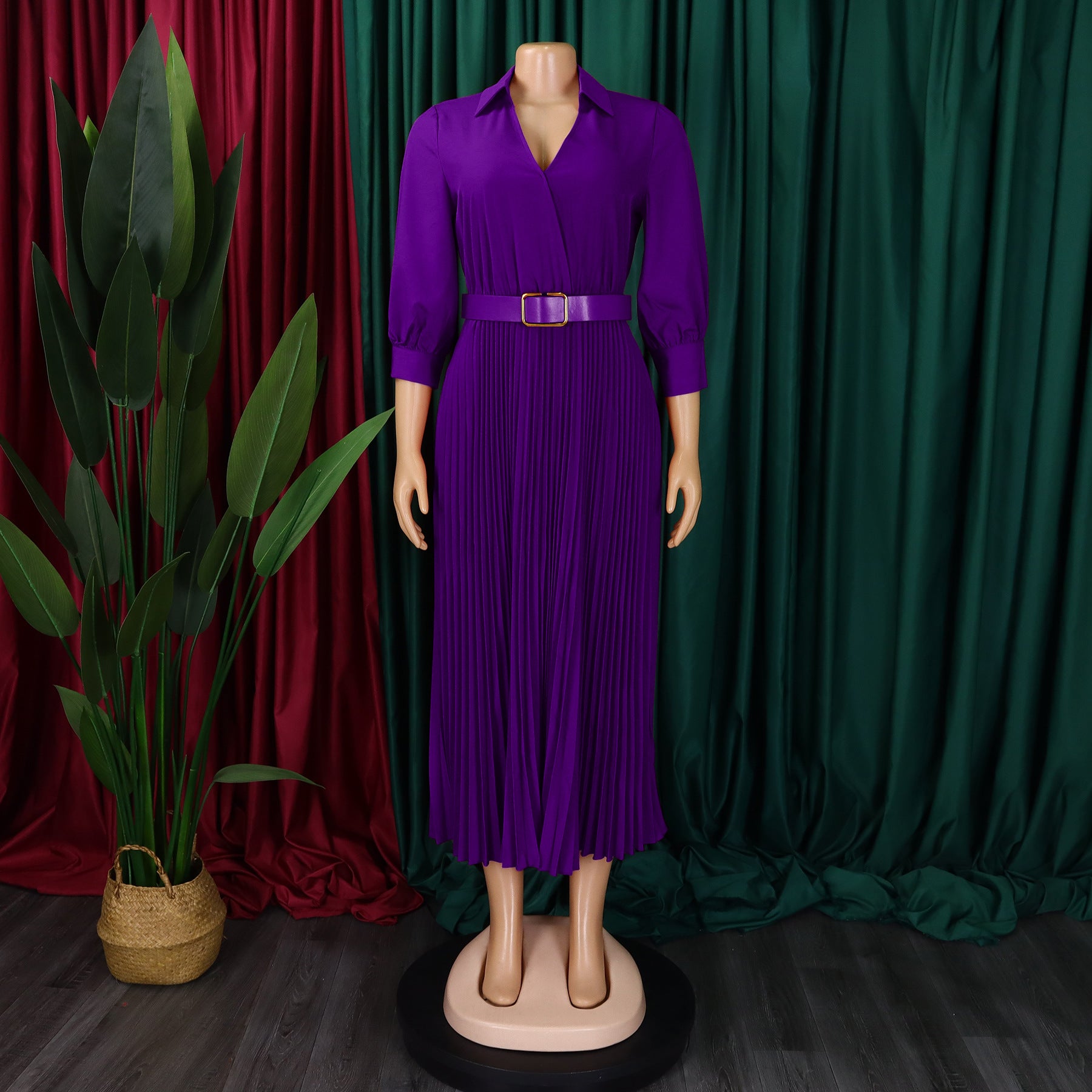 Spring V-Neck Solid Long Sleeve Pleated Dress for Women 15