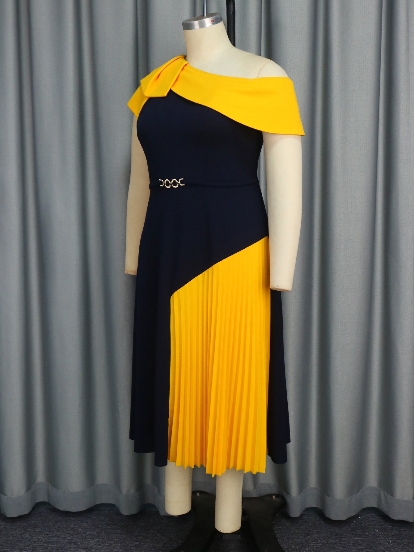 Women Style One Shoulder Collar Contrast Patchwork Party Dresses 9