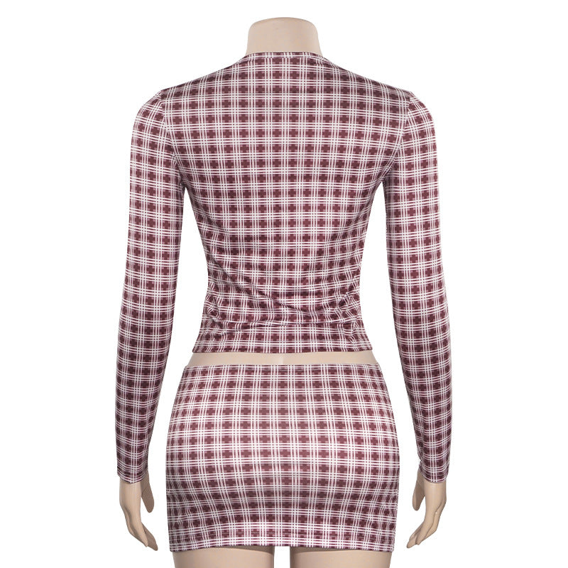 Autumn Fashion Plaid Round Neck Long Sleeve Top High Waist Short Skirt Slim Female Two Piece Set 6