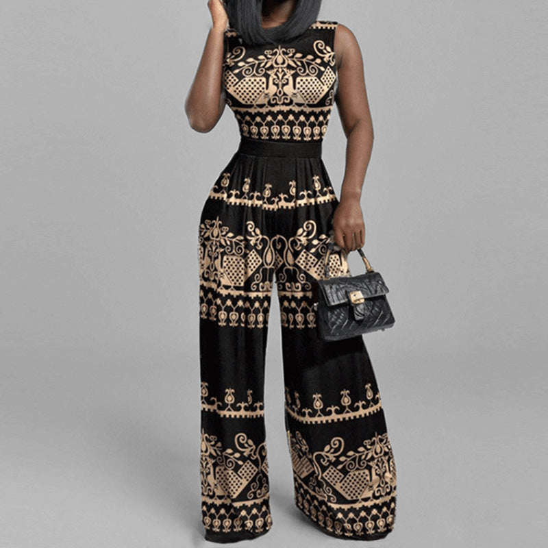 Fashion Print Women Chic Casual Slim Sleeveless Wide Leg Jumpsuit 3