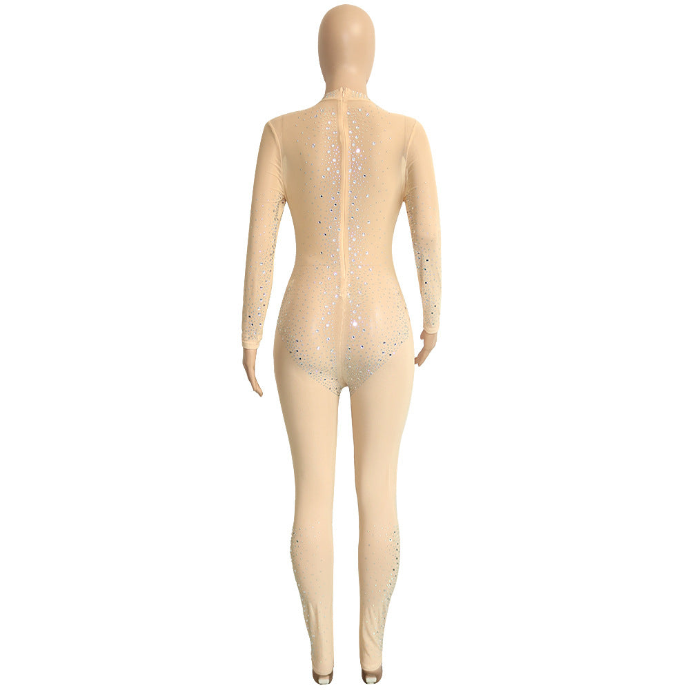 Autumn Black Beading Sexy Mesh Long Sleeve Party Jumpsuit 16