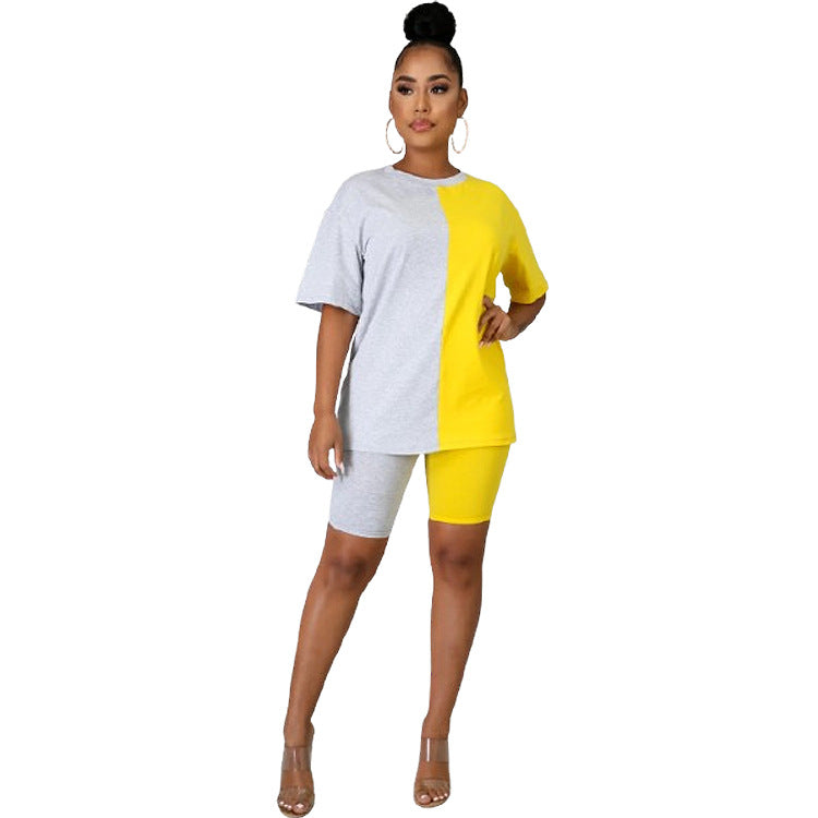 Women Summer Casual Color Block Round Neck Top and Shorts Two-piece Set 7