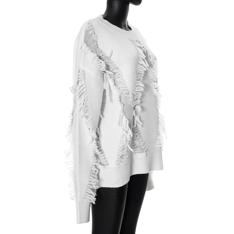 Women Fall/Winter Solid Casual Round Neck Ragged Long Sleeve Loose Top 6