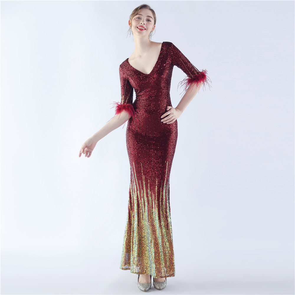 Women ostrich feather gradient sequin half-sleeve evening dress 6