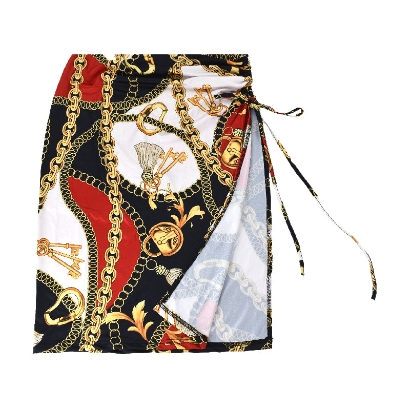 Sexy Chain Print Short Sleeve Drawstring Irregular Casual Dress 8