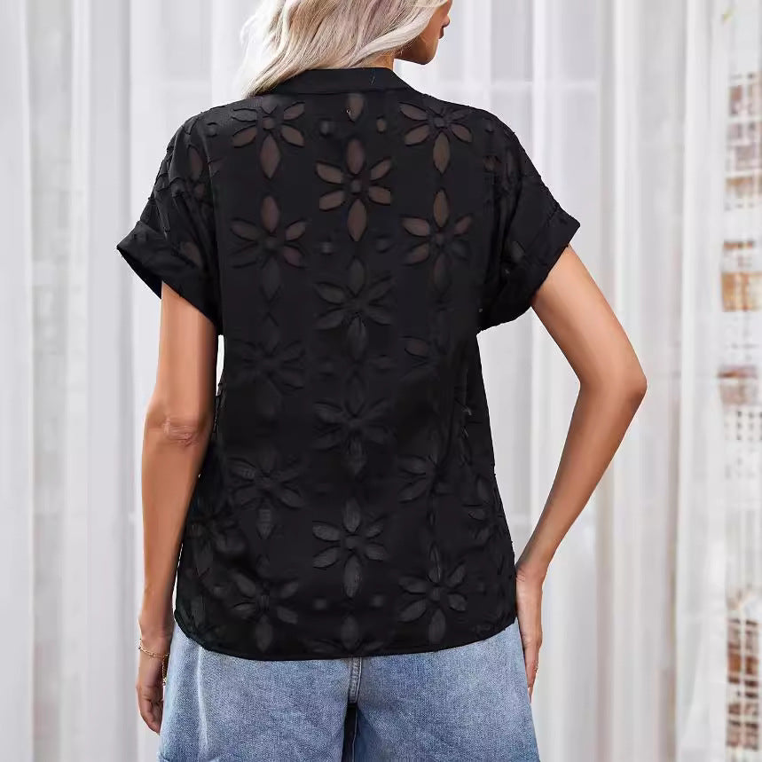 Women summer lace v-neck shirt 4