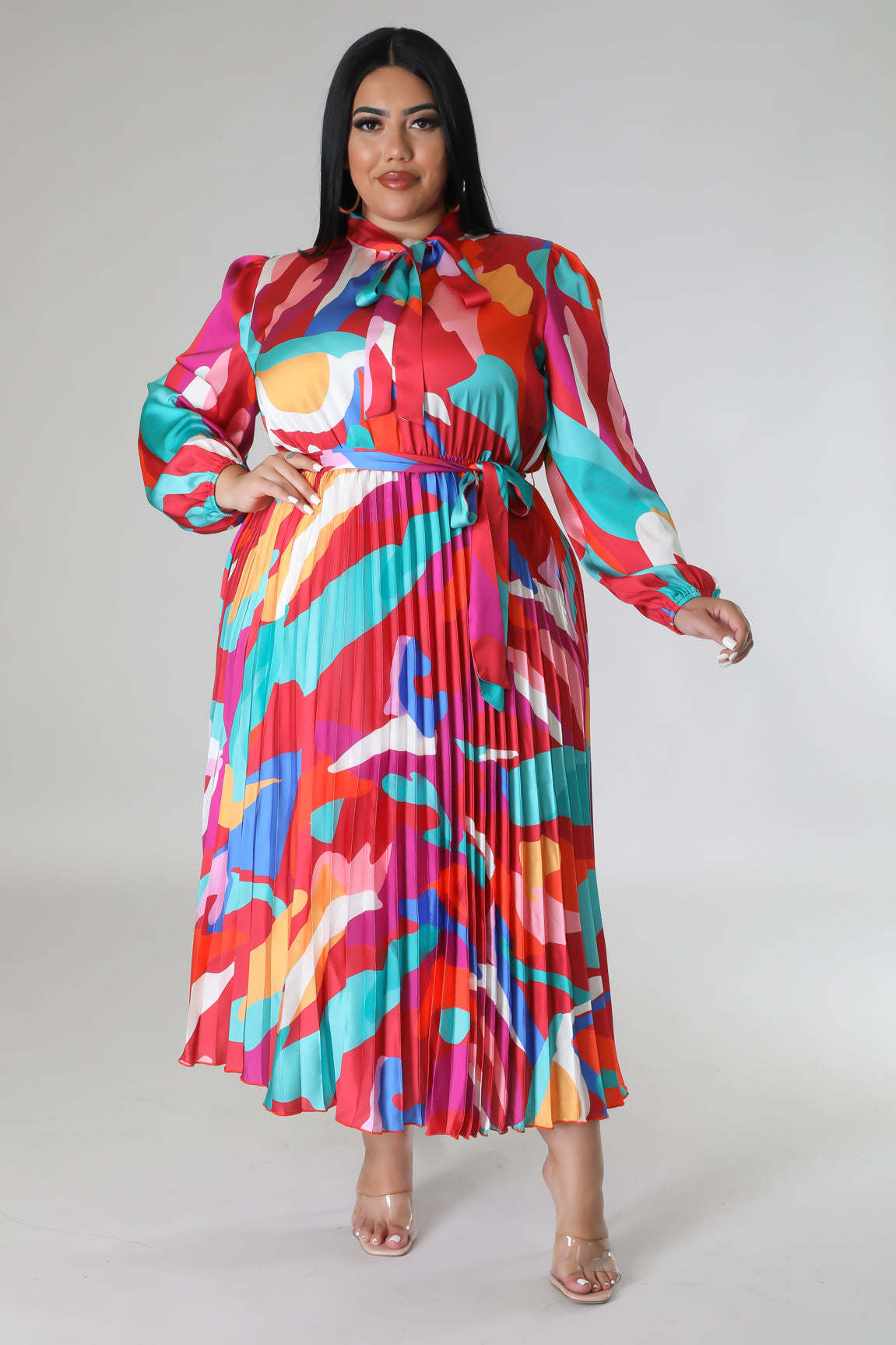 Plus Size Fall Women's Pleated Long Sleeve Dress 3