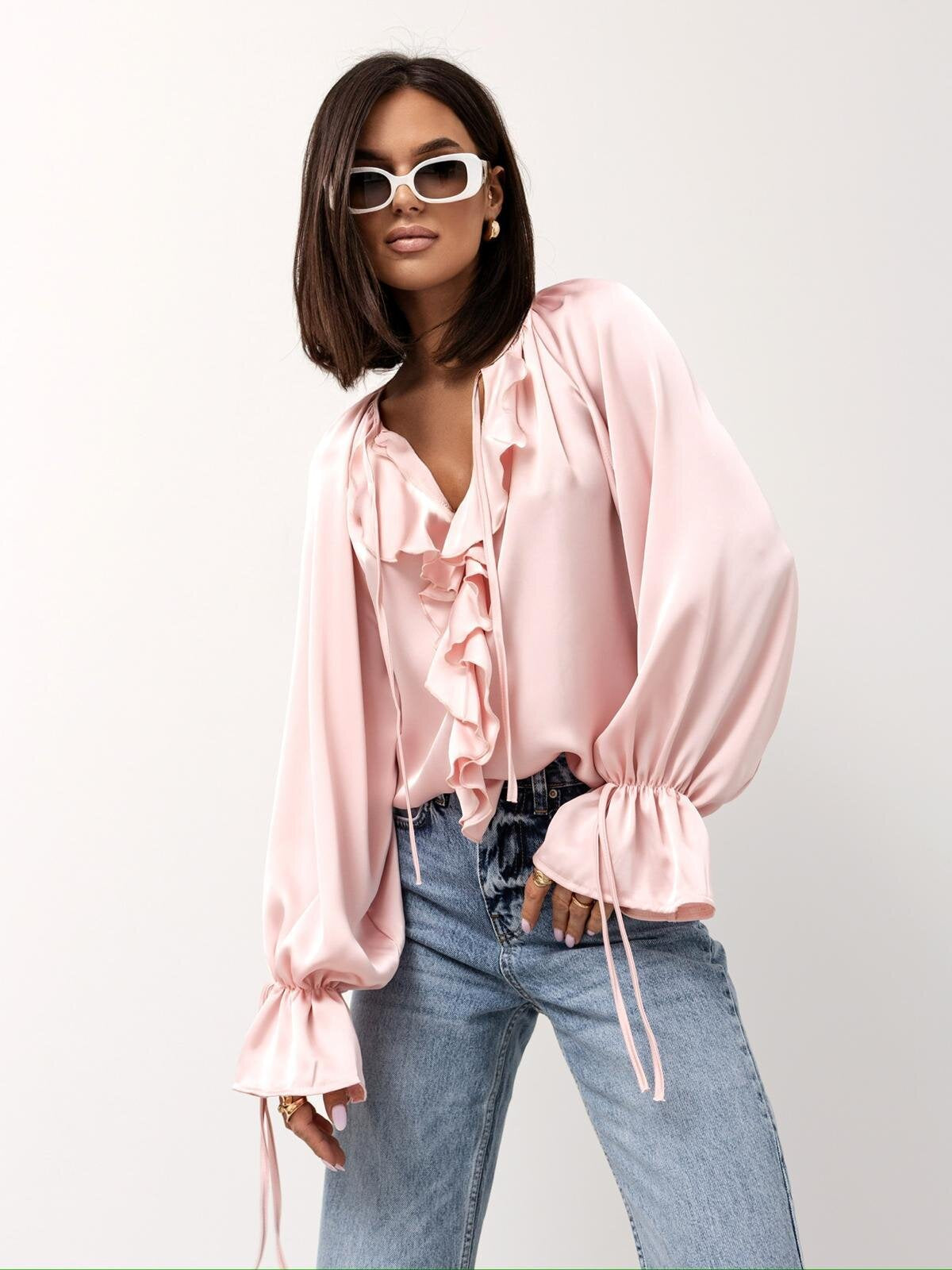 Women Spring ruffled Bell Bottom sleeve V neck lace shirt 4