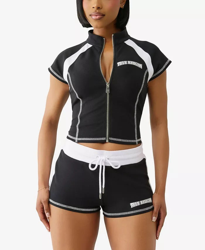 Street Style Zip-Up Casual Sporty Tee & Shorts Set