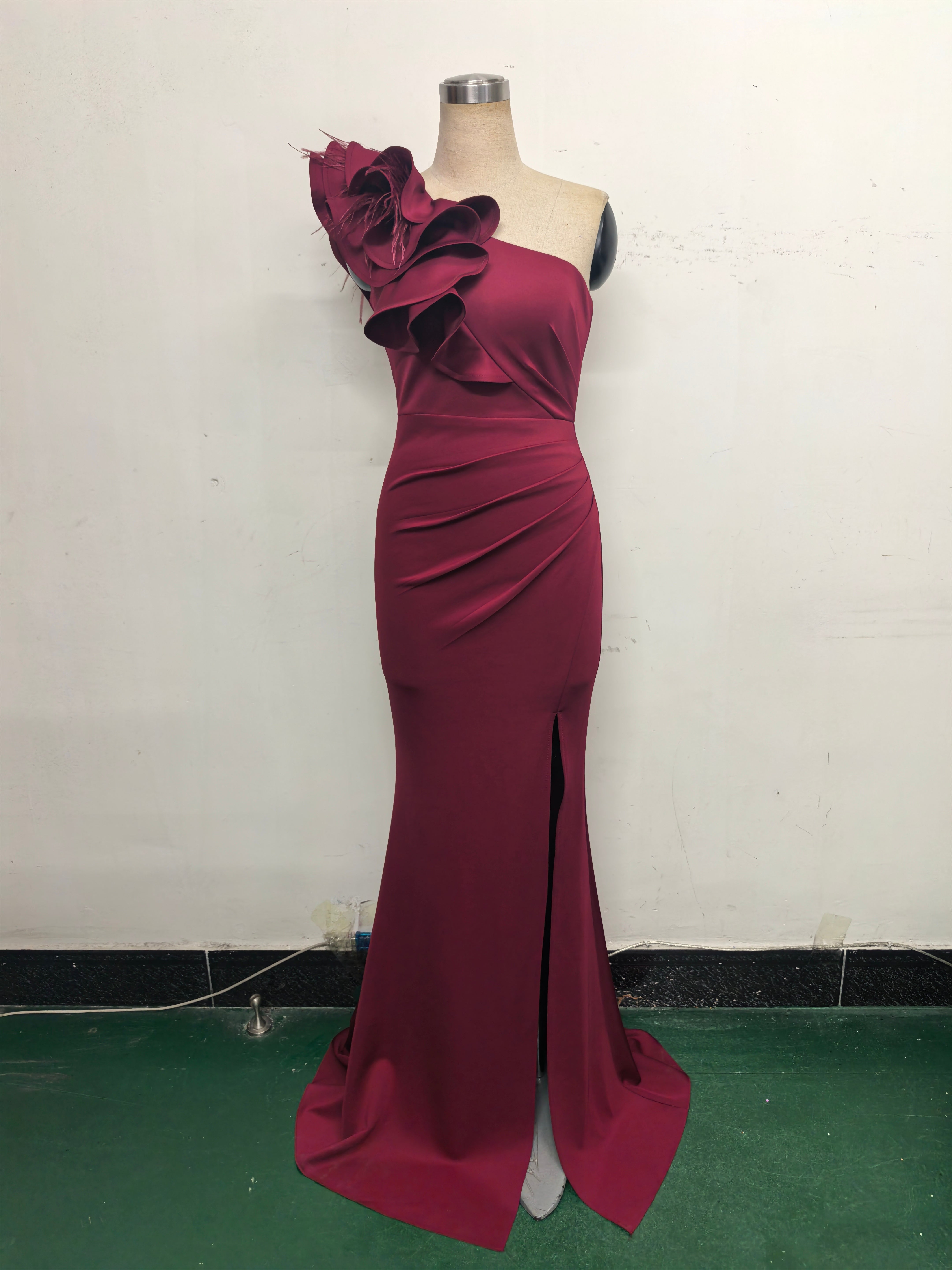 Women One-Shoulder Beaded Wool and Floral Satin Slit Sexy Evening Dress 30