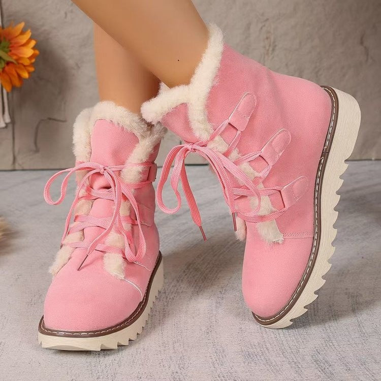 Plus Size Boots Women Winter Outdoor Wear Lace-Up Thick Sole Fleece Boots 13