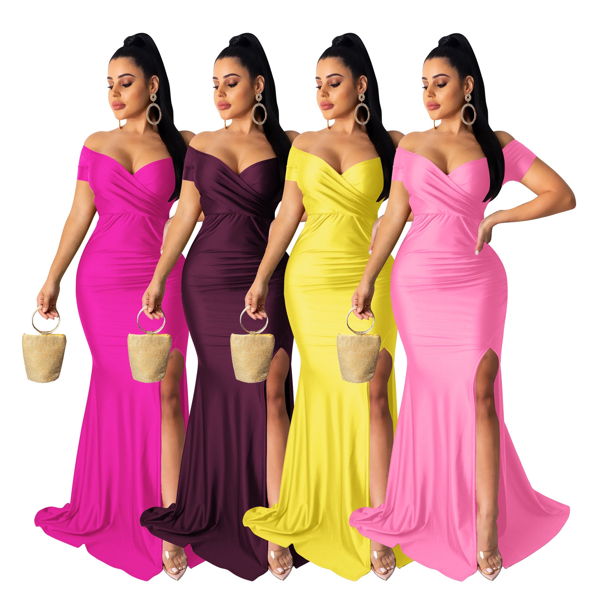 Women Short Sleeve French Sexy V-Neck Evening Dress solid Split Long Dress 28