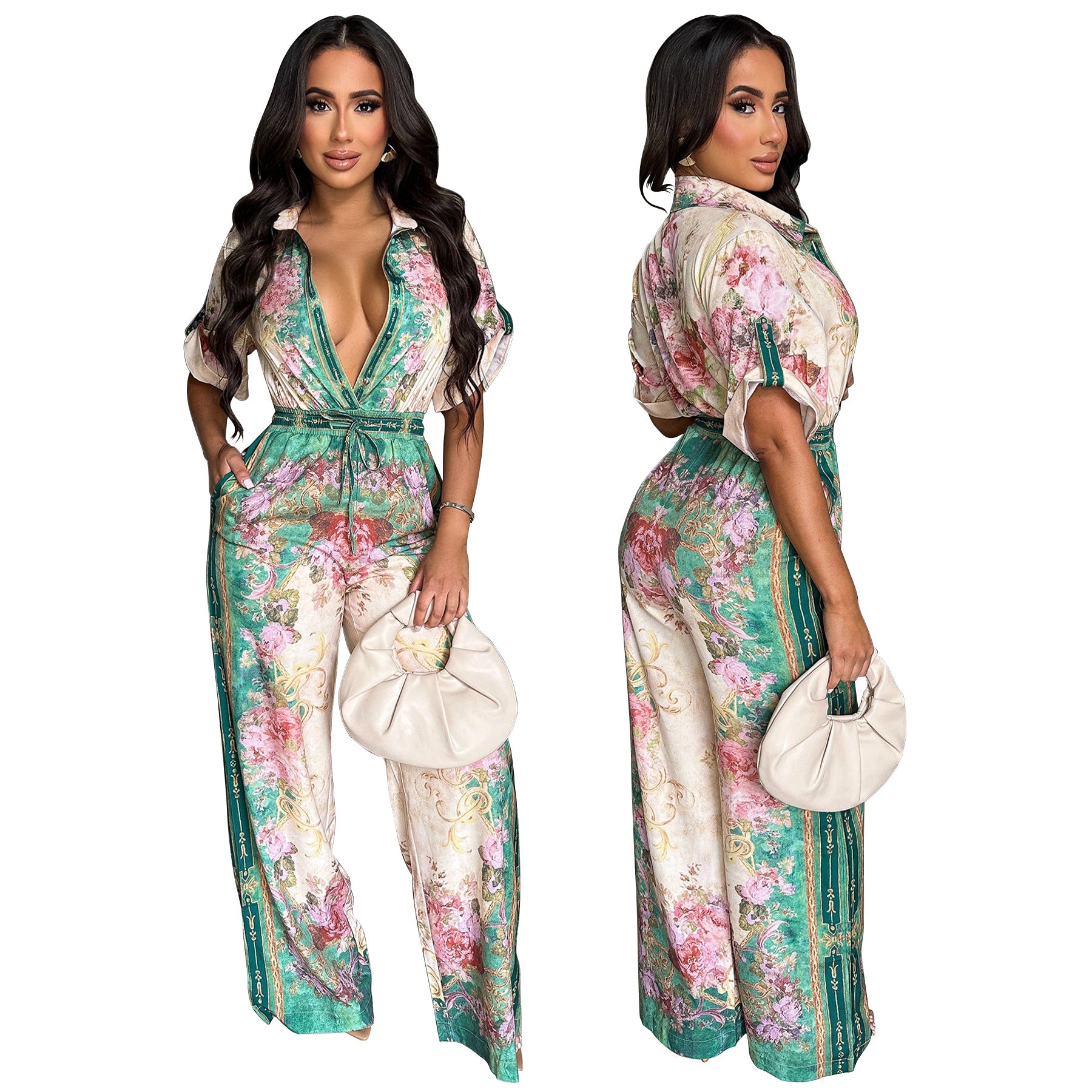 Women's Sexy V-Neck Retro Print Short Sleeve Jumpsuit 3