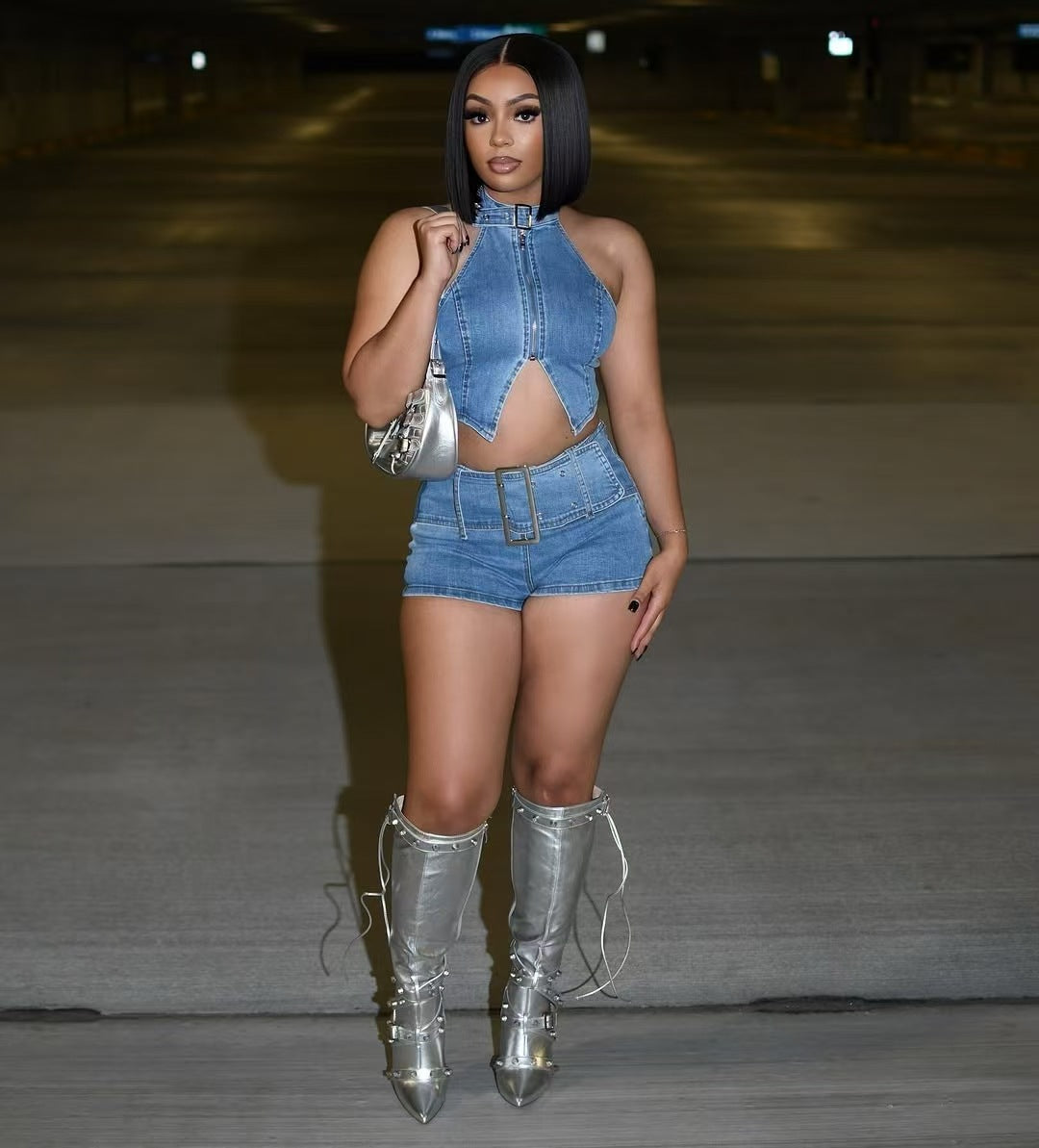 Women Denim Halter Neck Lace Top Stretchy Shorts Two-piece Set