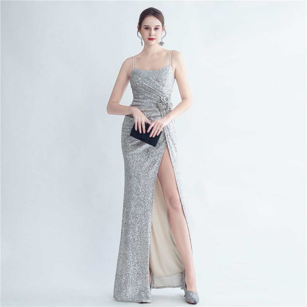 Fashion Pleated Sequin Flower Slit Elegant Straps Evening Dress 19