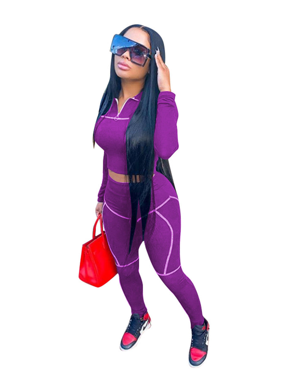 Women Casual Line Sport Long Sleeve Top and Pant Two-Piece Set 8