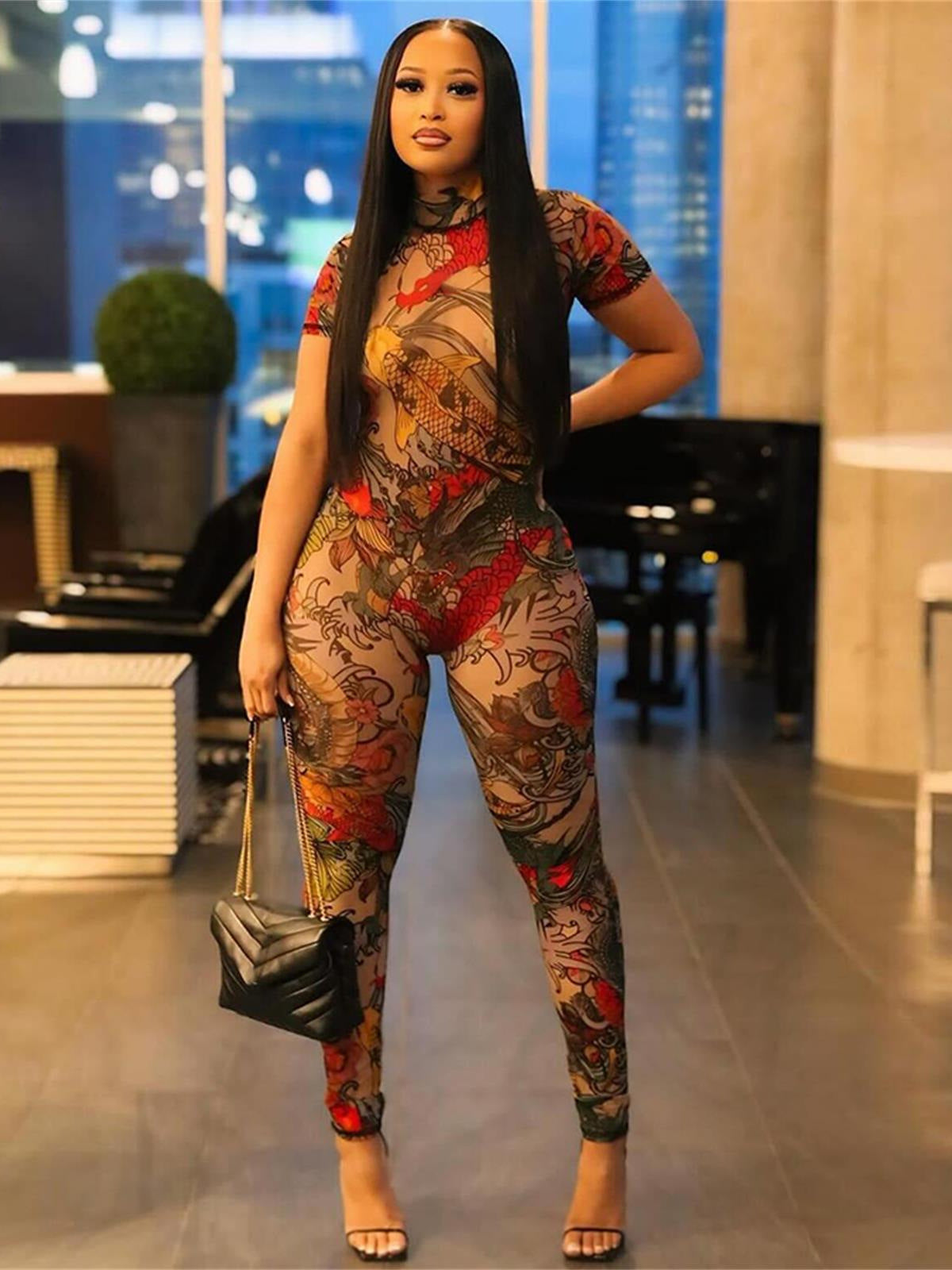 Women Sexy Backless Print See-Through Mesh Jumpsuit 8