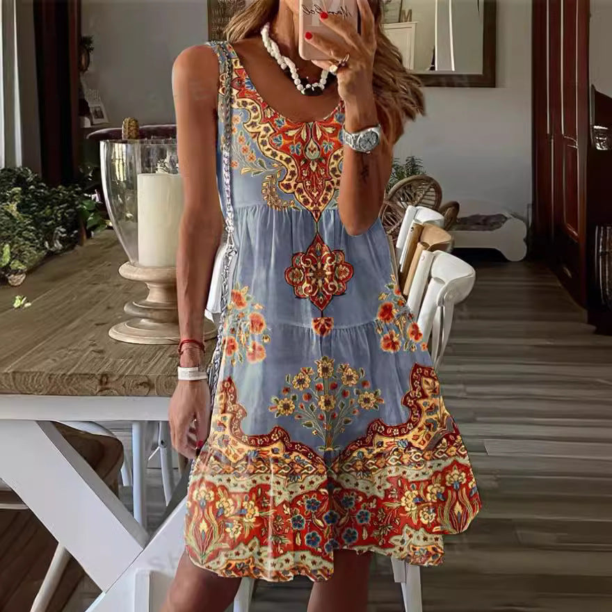 Women Summer Printed Sleeveless V-neck Holidays Print Dress 7