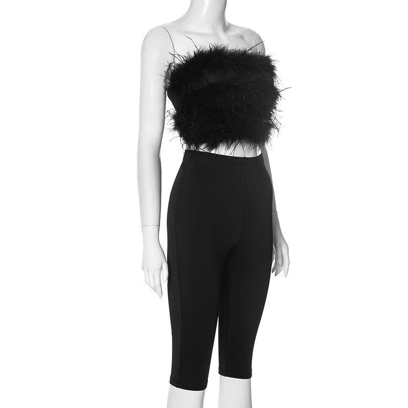 Women Spring/Summer furry sexy strapless crop top solid cropped pants two-piece set 6