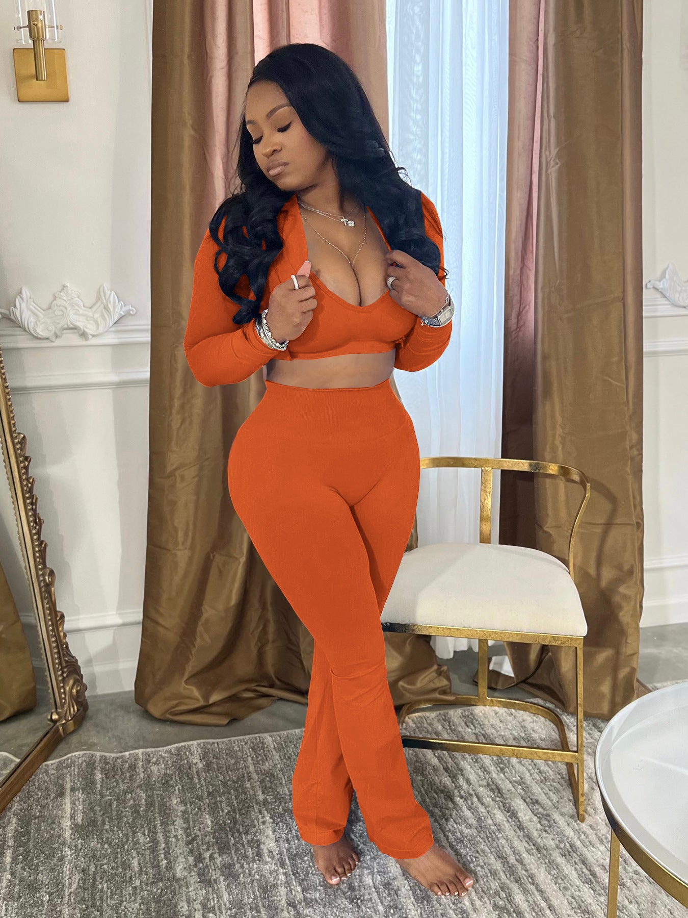 Women's Solid Color Long Sleeve Sexy Open Waist Casual Sports Three-Piece Pants Set 8