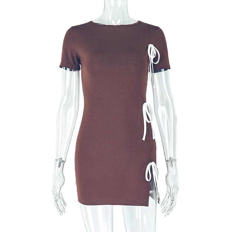 Women Pleated Solid Slit Waist Bodycon Dress 10