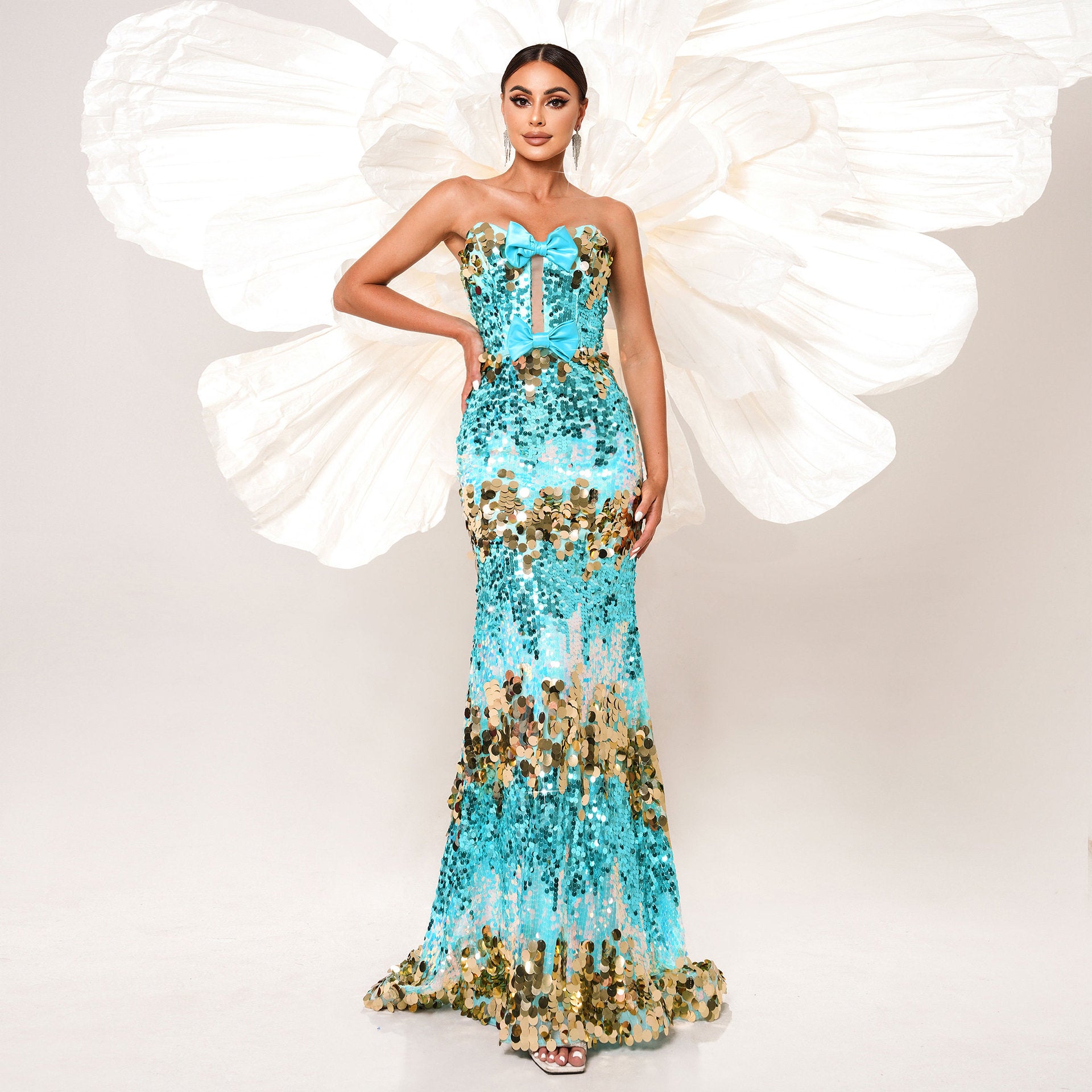 Women Sexy Lace-Up Sequined Formal Party Fishtail Evening Dress