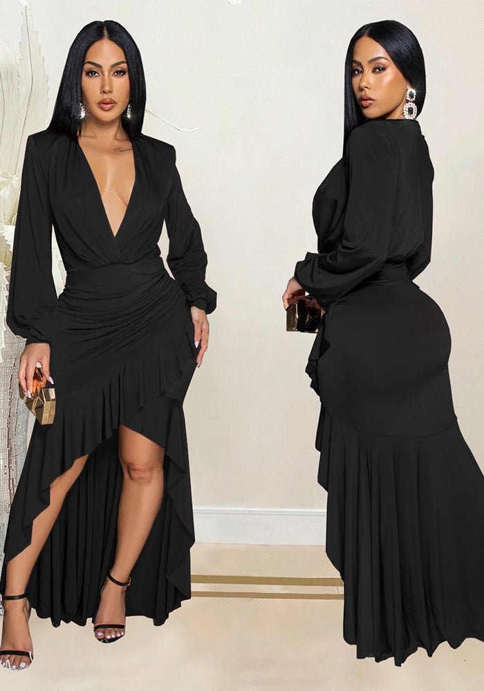 Women Elegant V-neck Slit Long Sleeve Solid Dress