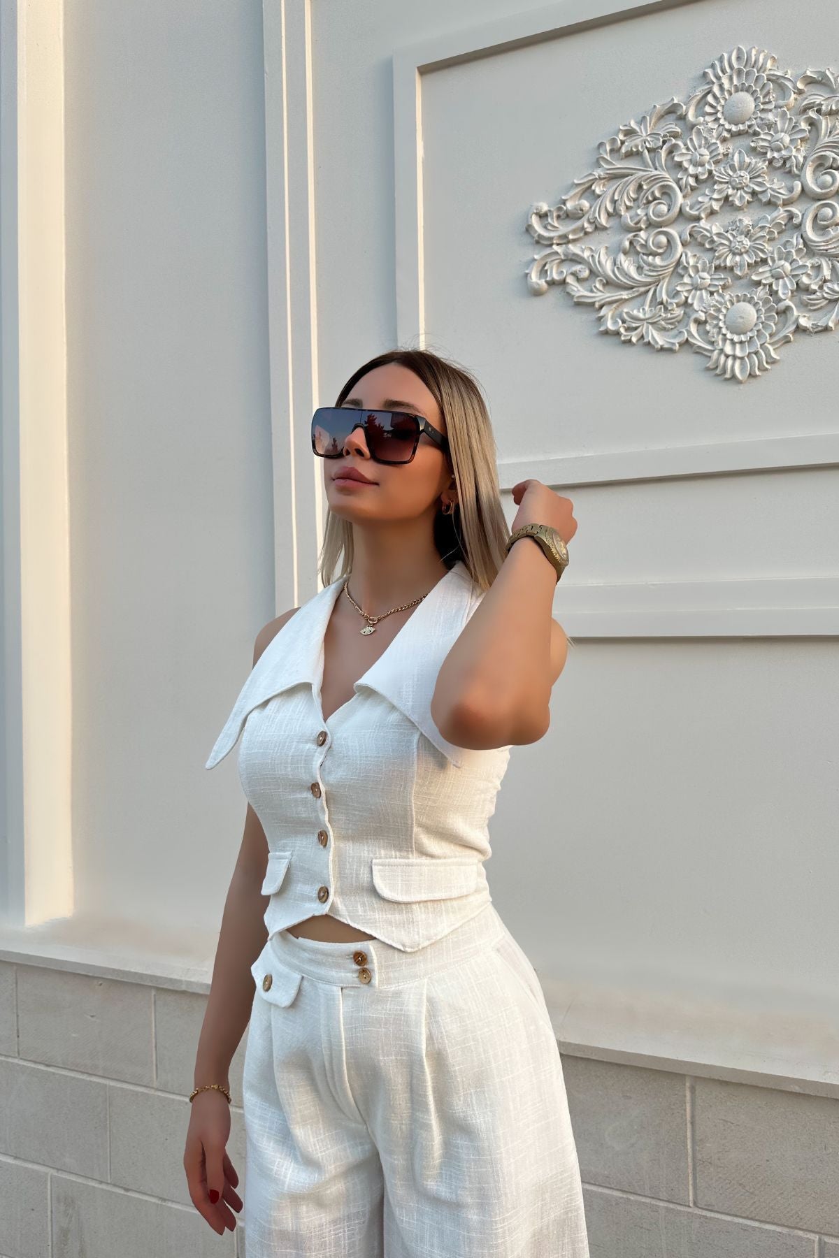 Women's Two Piece Set Summer Sleeveless Short Vest Top Loose Solid Color Trousers 7