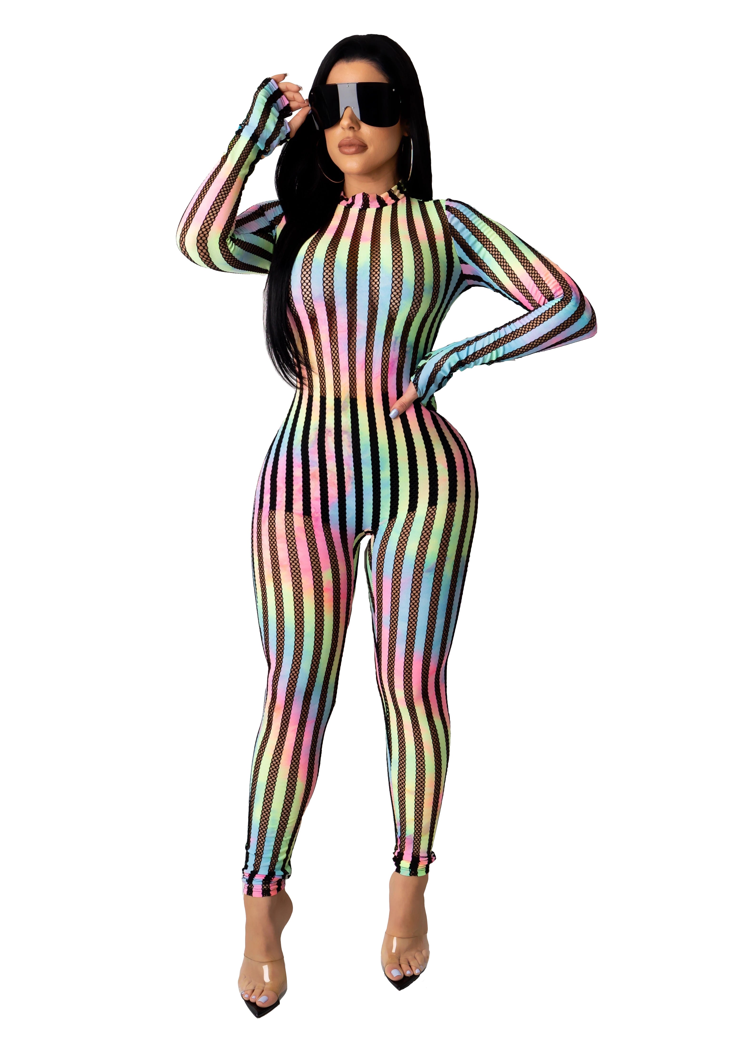 Striped Mesh Patchwork Casual Sexy Stretch Jumpsuit 12