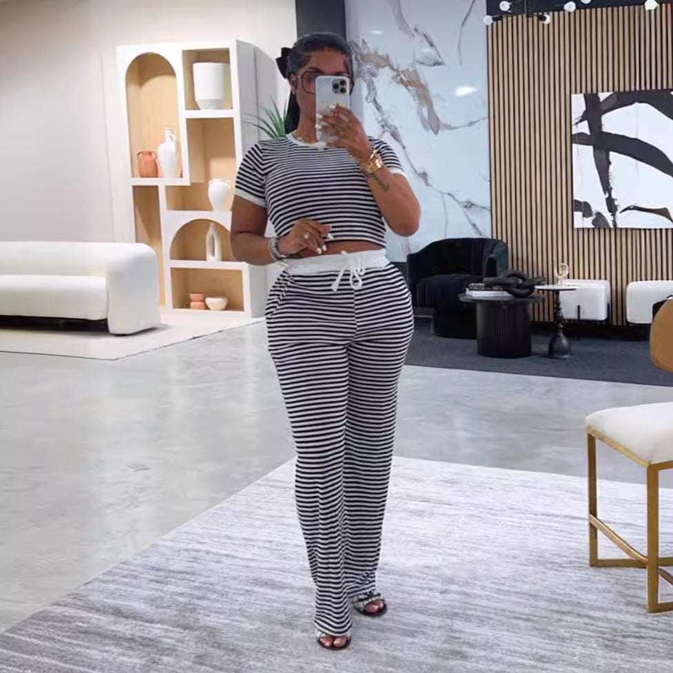 Casual Short Sleeve Striped Two-Piece Pants Set 3