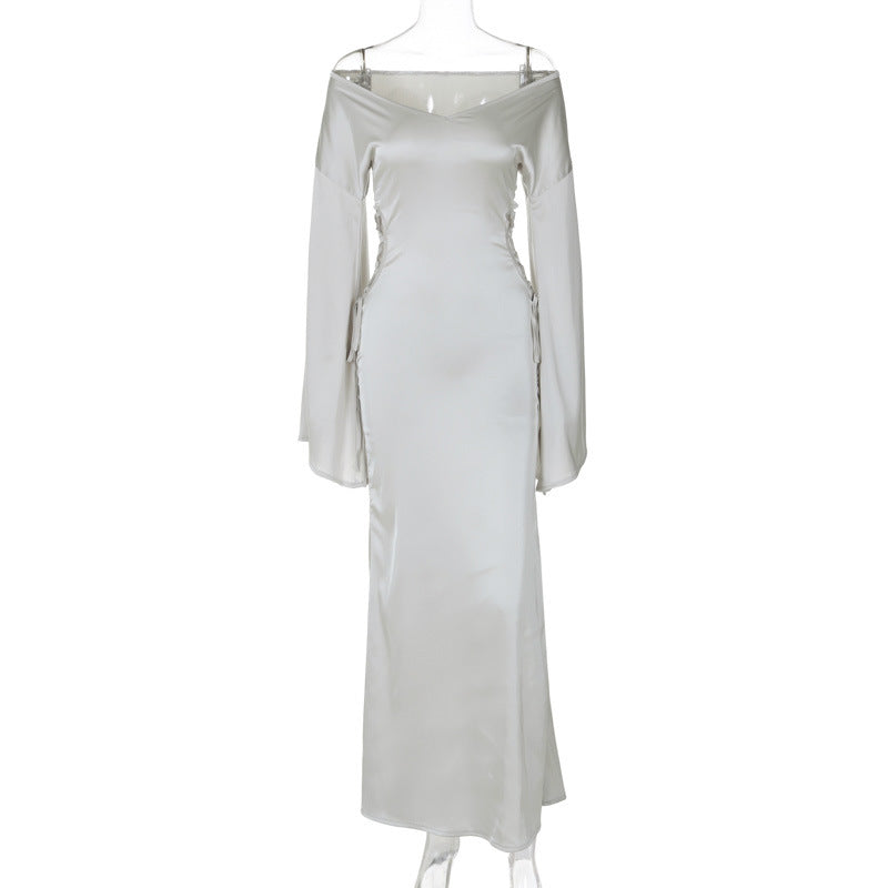 Women Autumn and Winter Tie Hollow Off Shoulder Loose Long Sleeve Dress 11