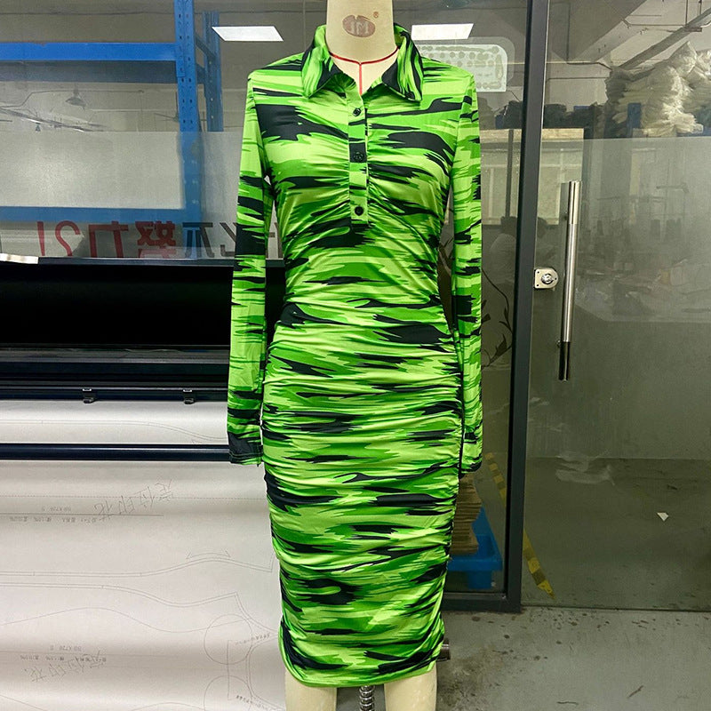 Women's Spring And Summer Printed Fashion Casual Pleated Long Sleeve Slim Chic Long Dress 12