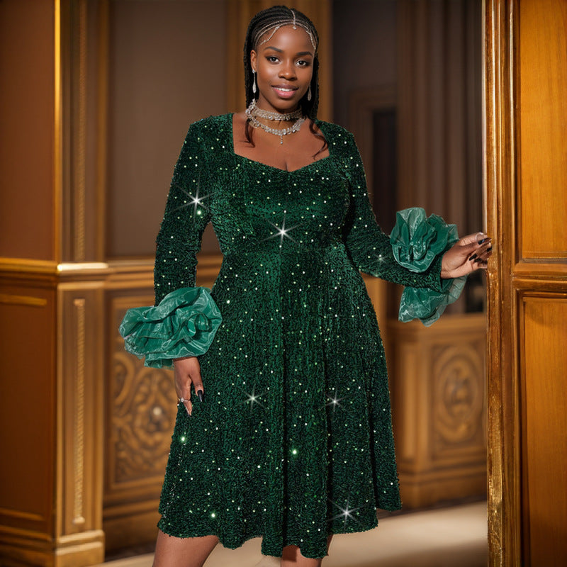 Square Neck Puff Sleeve Formal Party Chic Sequin Dress