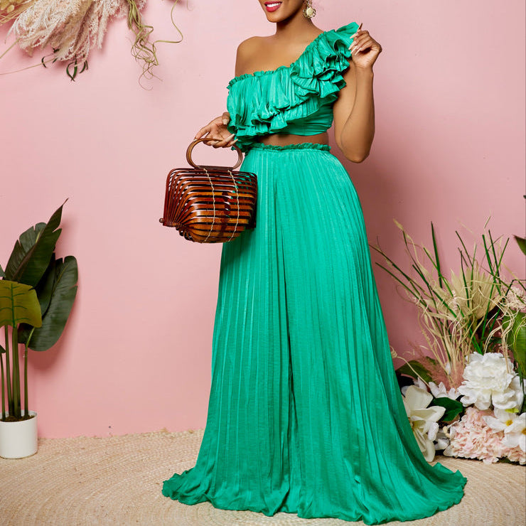 Women's Slash Shoulder Low Back Ruffled Sexy Top Pleated Wide Leg Pant Two-Piece Set
