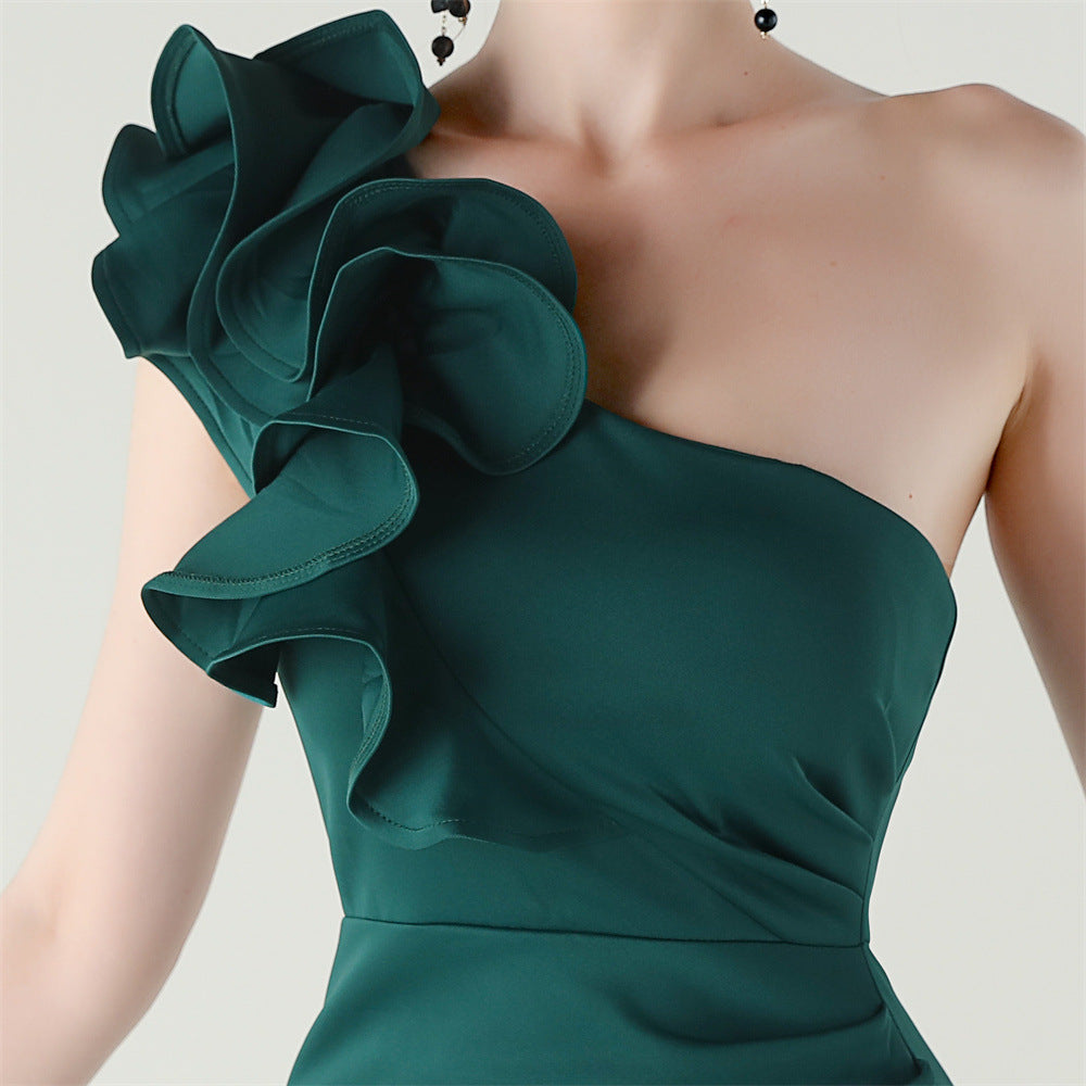 Women One-Shoulder Beaded Wool and Floral Satin Slit Sexy Evening Dress 46