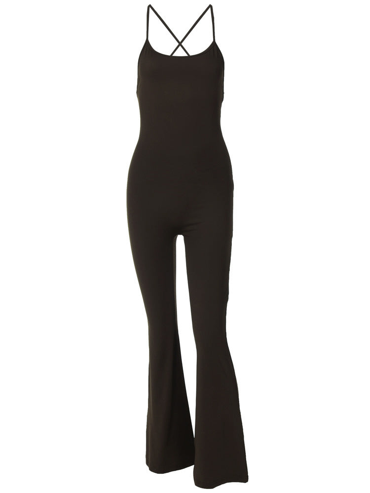 Women Winter Solid Suspender Backless Wide Leg Bell Bottom Jumpsuit 7