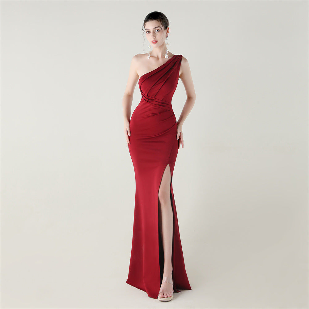 Women one-shoulder satin beaded sexy slit evening dress 17