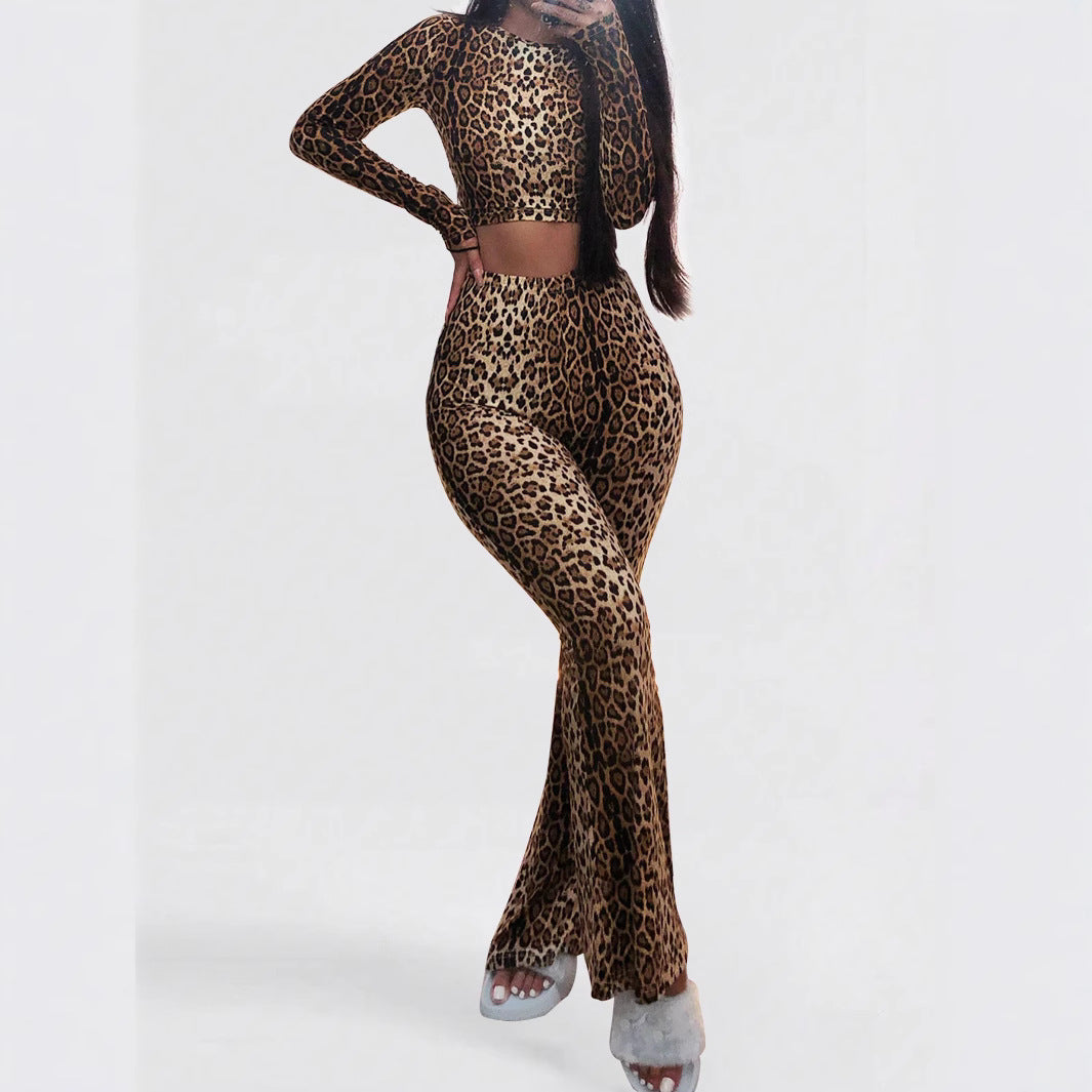 Women's Fall Leopard Print Round Neck Crop Long Sleeve Top High Waist Pants Two-Piece Set 3