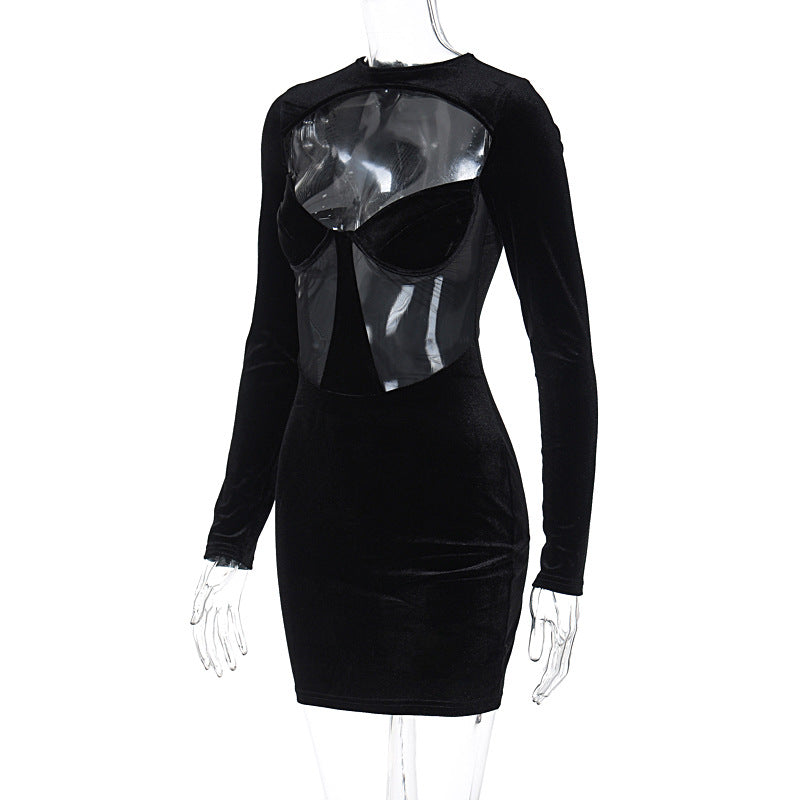 Women's Winter Sexy Hollow See-Through Slim Long Sleeve Bodycon Dress 7