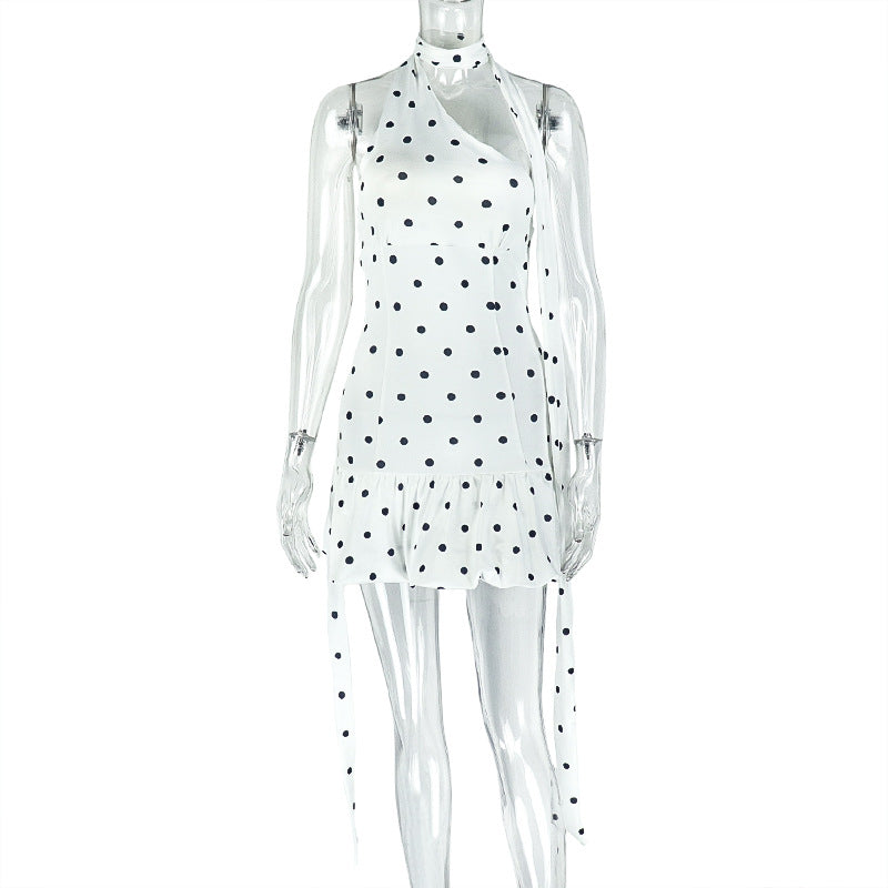 Women pleated halter neck black and white polka dot dress 8