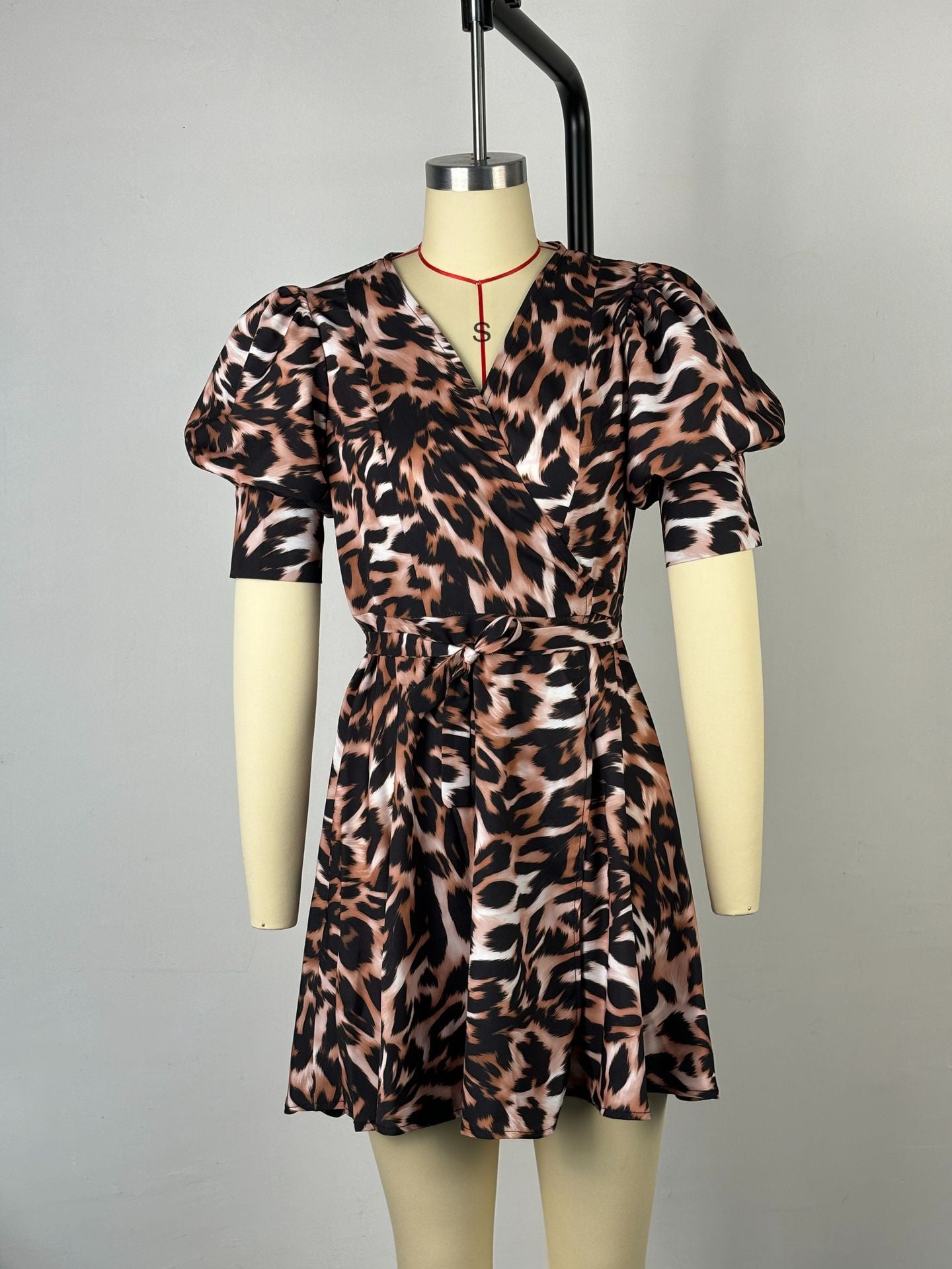 Women V-Neck Lace Leopard Princess Sleeve Dress 6